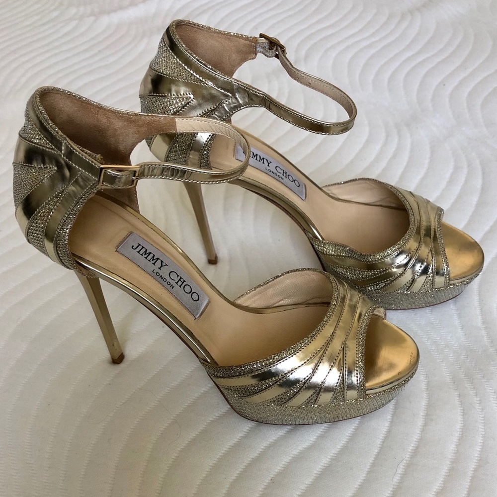 Jimmy Choo Gold Metallic Leather Platform Sandal Heels - Picture 2 of 9